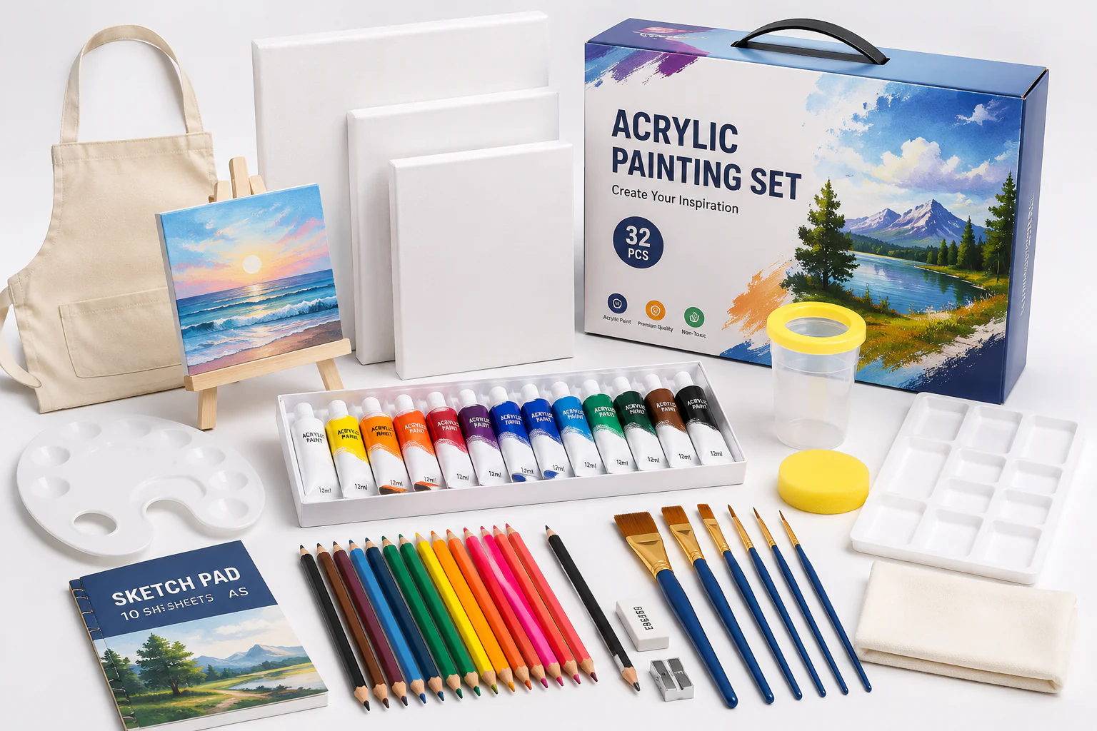 Custom painting set with paints, brushes, canvas and packaging